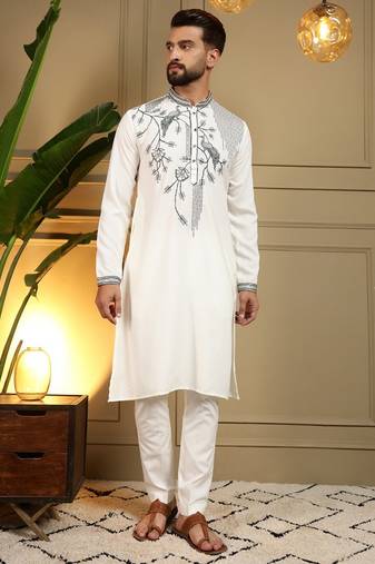 Mens designer viscose silk embroidered work kurta payjama wedding wear