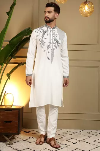 Mens designer viscose silk embroidered work kurta payjama wedding wear