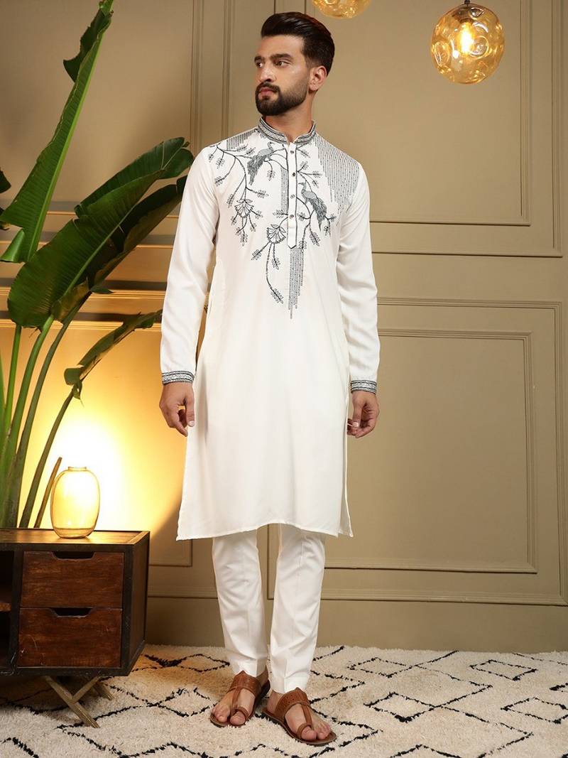Mens designer viscose silk embroidered work kurta payjama wedding wear