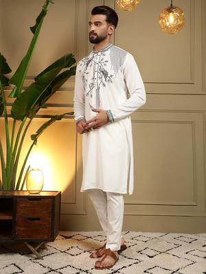 Mens designer viscose silk embroidered work kurta payjama wedding wear 2