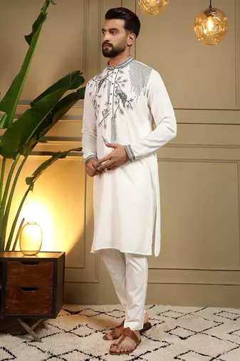 Mens designer viscose silk embroidered work kurta payjama wedding wear