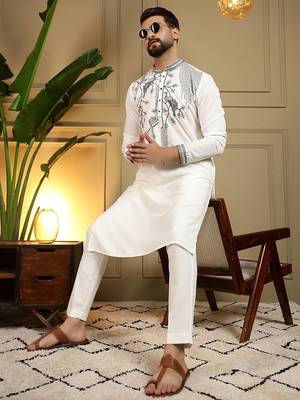 Mens designer viscose silk embroidered work kurta payjama wedding wear 3