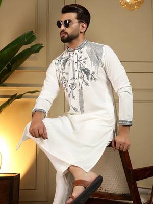 Mens designer viscose silk embroidered work kurta payjama wedding wear 4