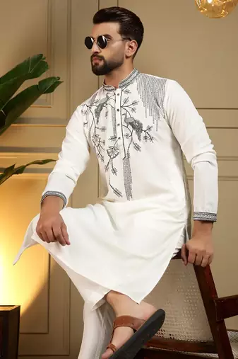 Mens designer viscose silk embroidered work kurta payjama wedding wear