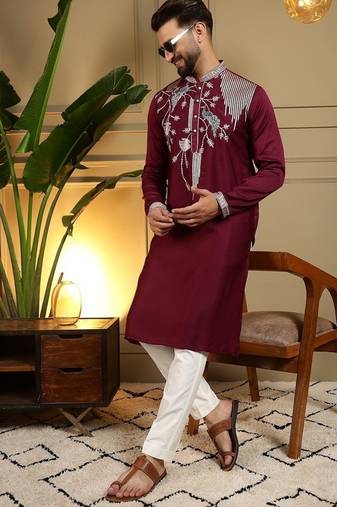 Mens designer viscose silk embroidered work kurta payjama wedding wear