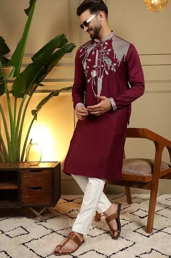 Mens designer viscose silk embroidered work kurta payjama wedding wear