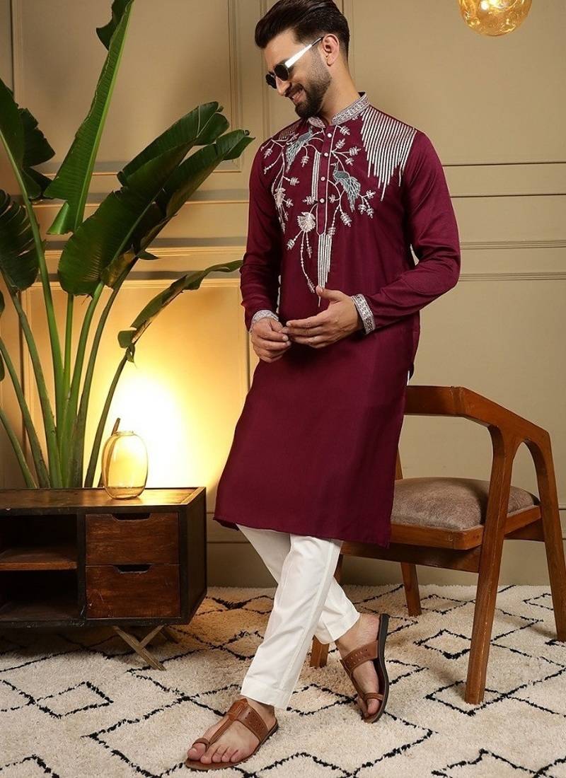 Mens designer viscose silk embroidered work kurta payjama wedding wear