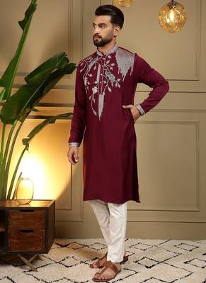 Mens designer viscose silk embroidered work kurta payjama wedding wear 2