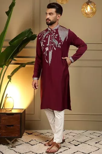 Mens designer viscose silk embroidered work kurta payjama wedding wear