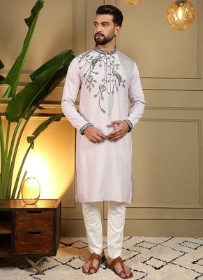 Mens designer viscose silk embroidered work kurta payjama wedding wear 1