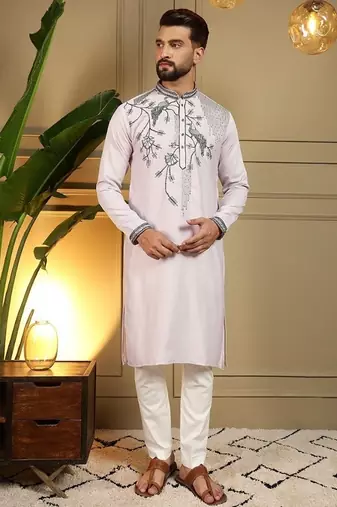 Mens designer viscose silk embroidered work kurta payjama wedding wear