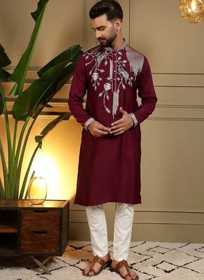 Mens designer viscose silk embroidered work kurta payjama wedding wear 3