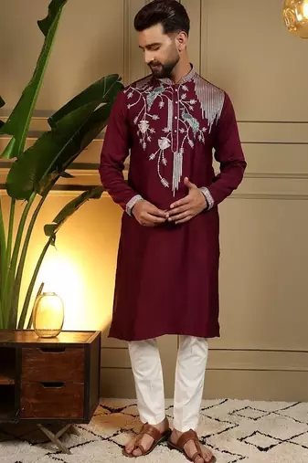Mens designer viscose silk embroidered work kurta payjama wedding wear