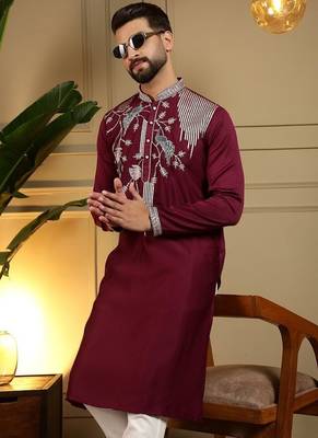 Mens designer viscose silk embroidered work kurta payjama wedding wear 4