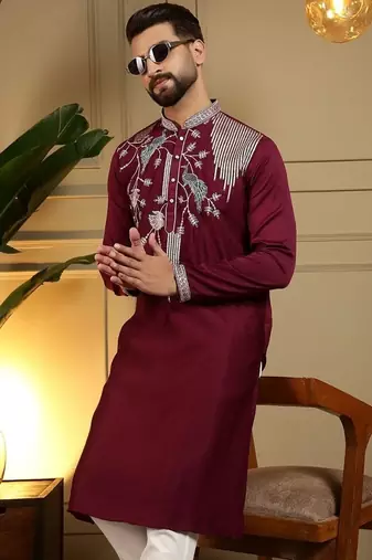 Mens designer viscose silk embroidered work kurta payjama wedding wear