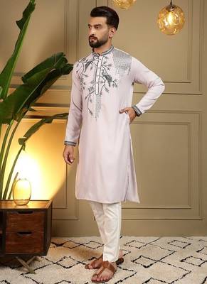 Mens designer viscose silk embroidered work kurta payjama wedding wear 2