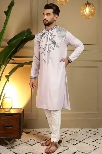 Mens designer viscose silk embroidered work kurta payjama wedding wear