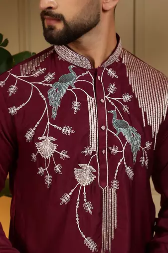 Mens designer viscose silk embroidered work kurta payjama wedding wear