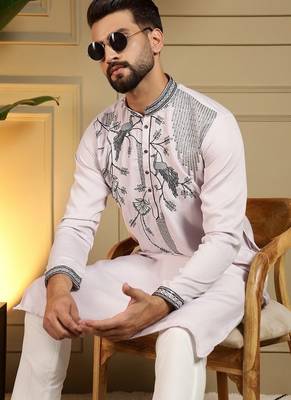 Mens designer viscose silk embroidered work kurta payjama wedding wear 4
