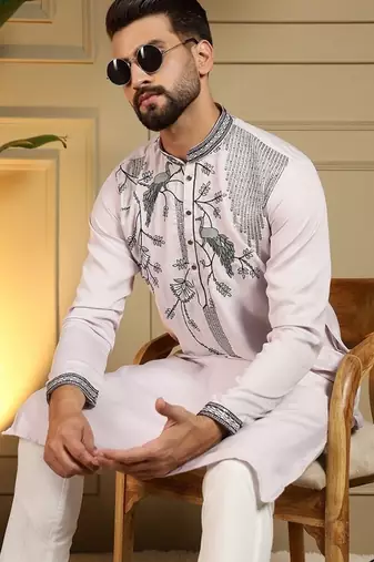 Mens designer viscose silk embroidered work kurta payjama wedding wear