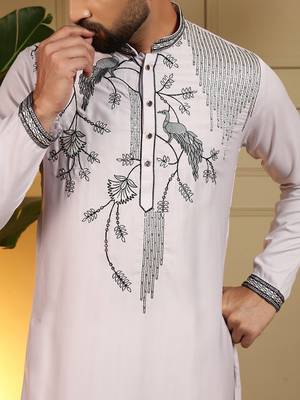 Mens designer viscose silk embroidered work kurta payjama wedding wear 5