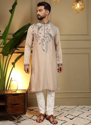 Mens designer viscose silk embroidered work kurta payjama wedding wear 1