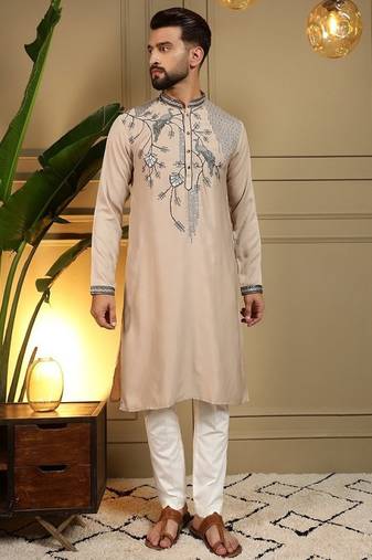 Mens designer viscose silk embroidered work kurta payjama wedding wear