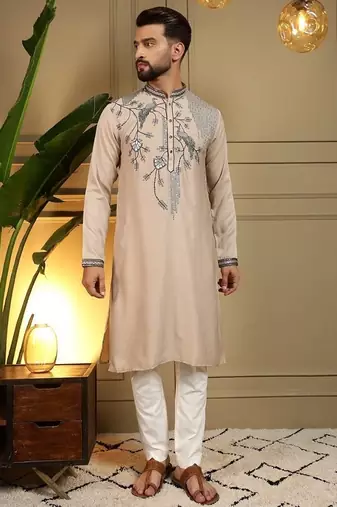 Mens designer viscose silk embroidered work kurta payjama wedding wear