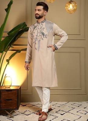 Mens designer viscose silk embroidered work kurta payjama wedding wear 2