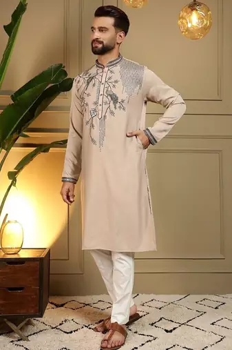 Mens designer viscose silk embroidered work kurta payjama wedding wear