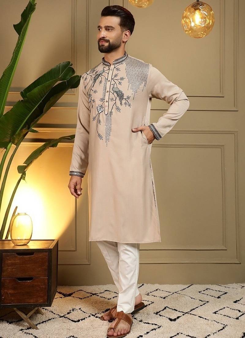 Mens designer viscose silk embroidered work kurta payjama wedding wear