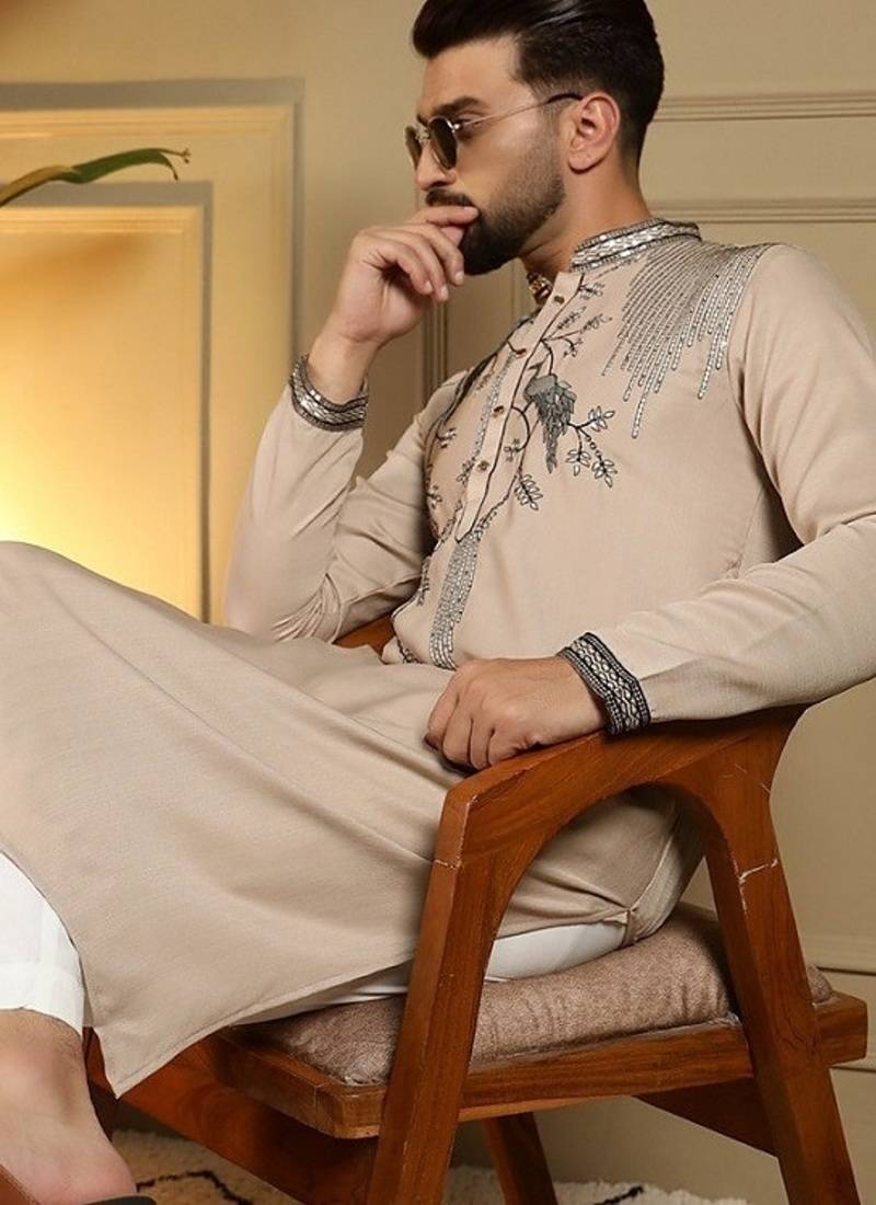 Mens designer viscose silk embroidered work kurta payjama wedding wear