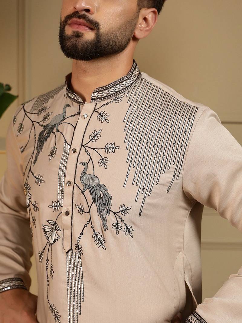Mens designer viscose silk embroidered work kurta payjama wedding wear