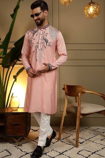 Mens designer viscose silk embroidered work kurta payjama wedding wear