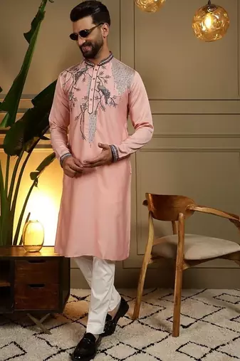 Mens designer viscose silk embroidered work kurta payjama wedding wear