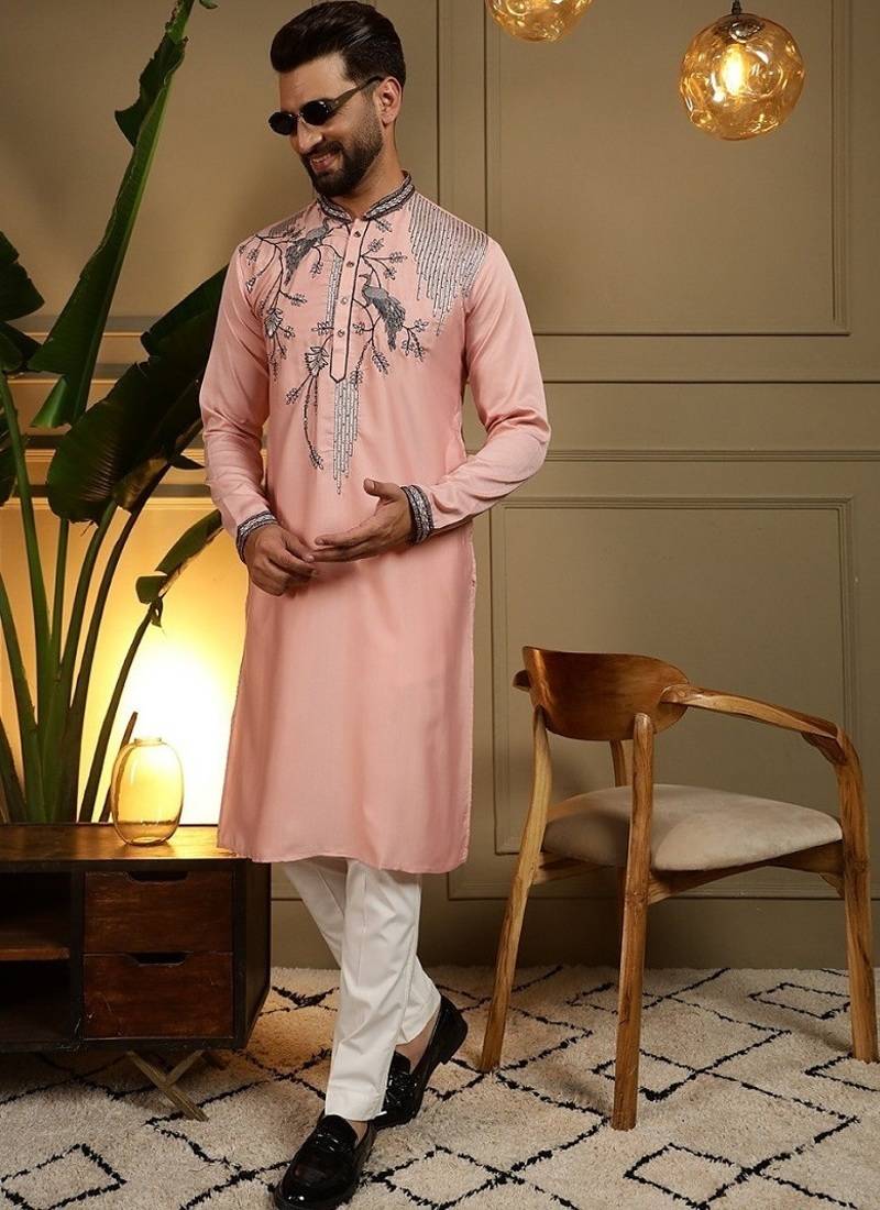 Mens designer viscose silk embroidered work kurta payjama wedding wear