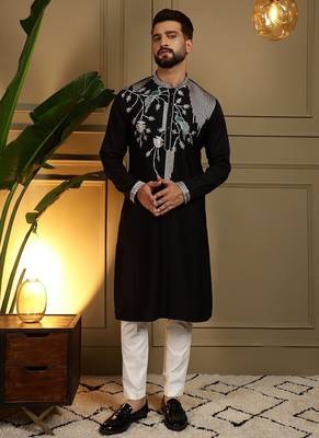 Mens designer viscose silk embroidered work kurta payjama wedding wear 1