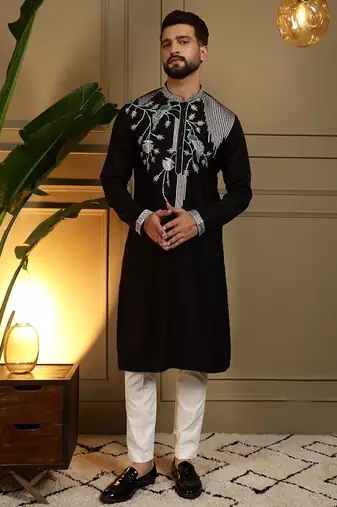 Mens designer viscose silk embroidered work kurta payjama wedding wear