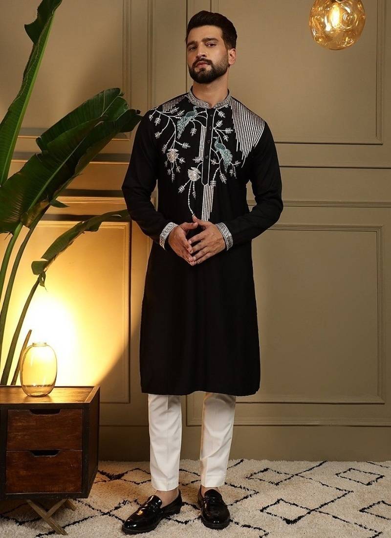 Mens designer viscose silk embroidered work kurta payjama wedding wear