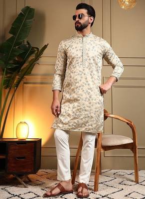 Beige royal silk embroidered work kurta payjama wedding & festive wear 1