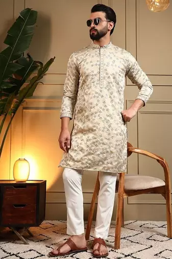 Beige royal silk embroidered work kurta payjama wedding & festive wear