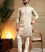 Beige royal silk embroidered work kurta payjama wedding & festive wear
