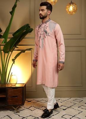 Mens designer viscose silk embroidered work kurta payjama wedding wear 2