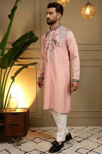 Mens designer viscose silk embroidered work kurta payjama wedding wear