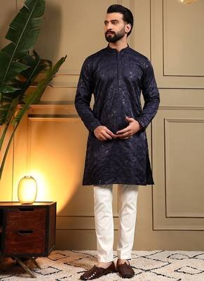 Navyblue royal silk embroidered work kurta payjama wedding & festive wear 1