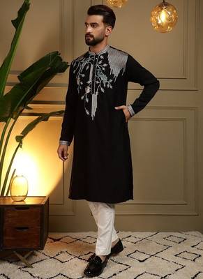 Mens designer viscose silk embroidered work kurta payjama wedding wear 2