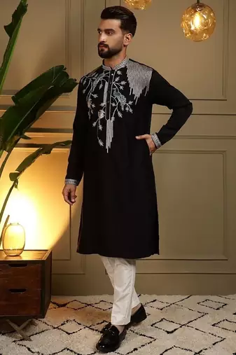 Mens designer viscose silk embroidered work kurta payjama wedding wear
