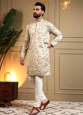 Beige royal silk embroidered work kurta payjama wedding & festive wear 2