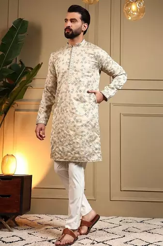 Beige royal silk embroidered work kurta payjama wedding & festive wear