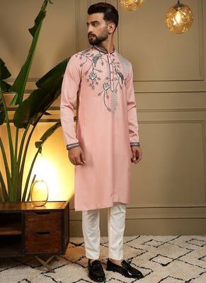 Mens designer viscose silk embroidered work kurta payjama wedding wear 3